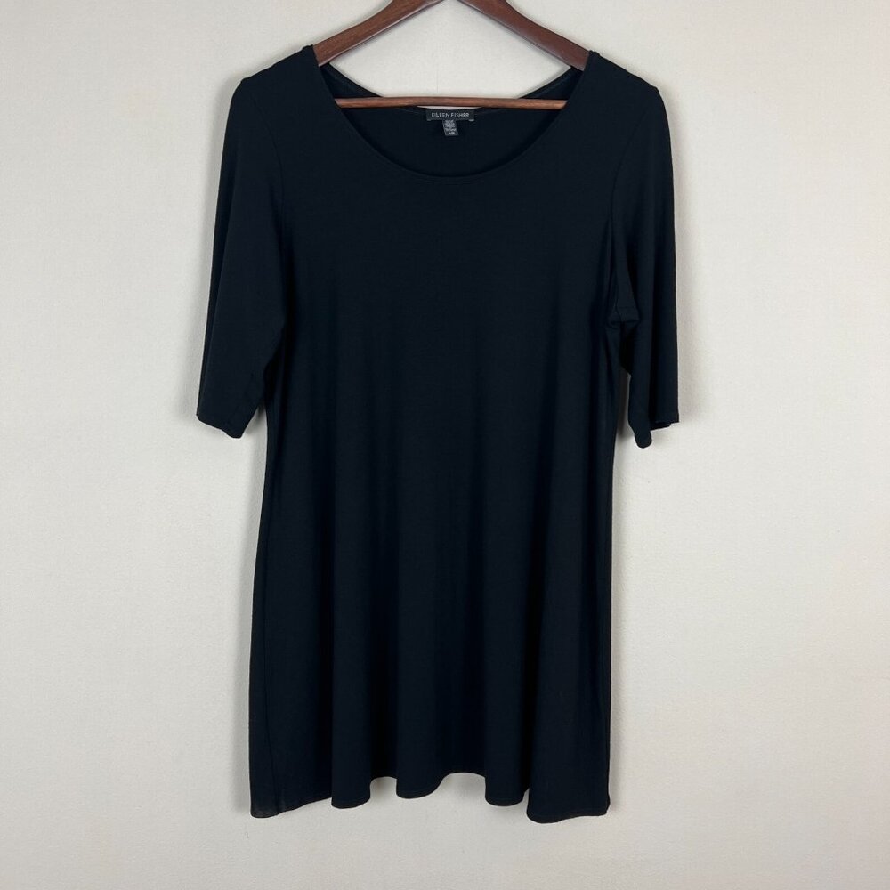 Eileen Fisher Tunic Top Womens Large Black Short Sleeve Jersey Knit Viscose L